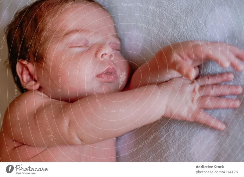 Süßes Neugeborenes schläft zu Hause in einem weichen Bett neugeboren sich[Akk] entspannen Baby Kind Säugling Windstille unschuldig ruhen wenig friedlich