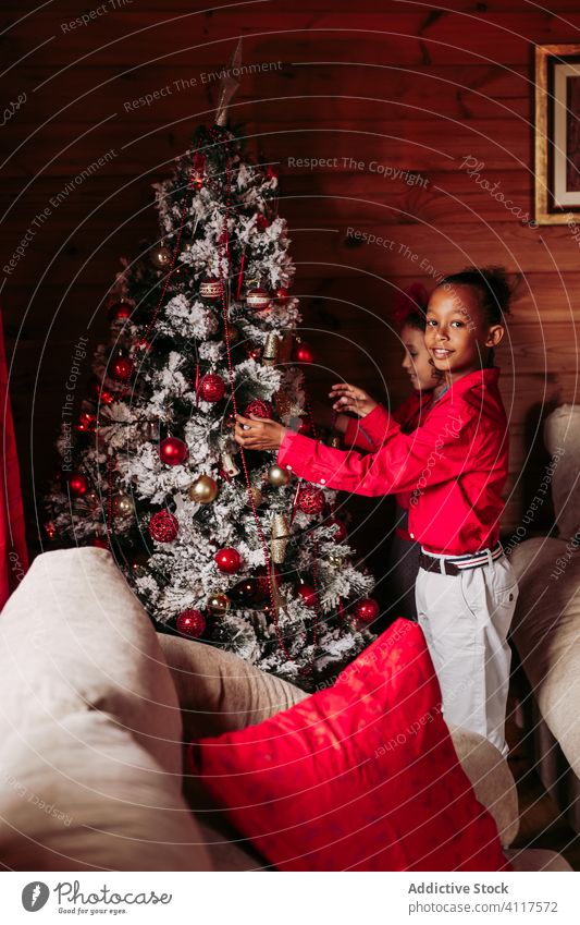 Glückliche Kinder schmücken den Weihnachtsbaum zu Hause Weihnachten Baum dekorieren Tradition heimwärts rustikal ethnisch festlich lässig Geschwisterkind