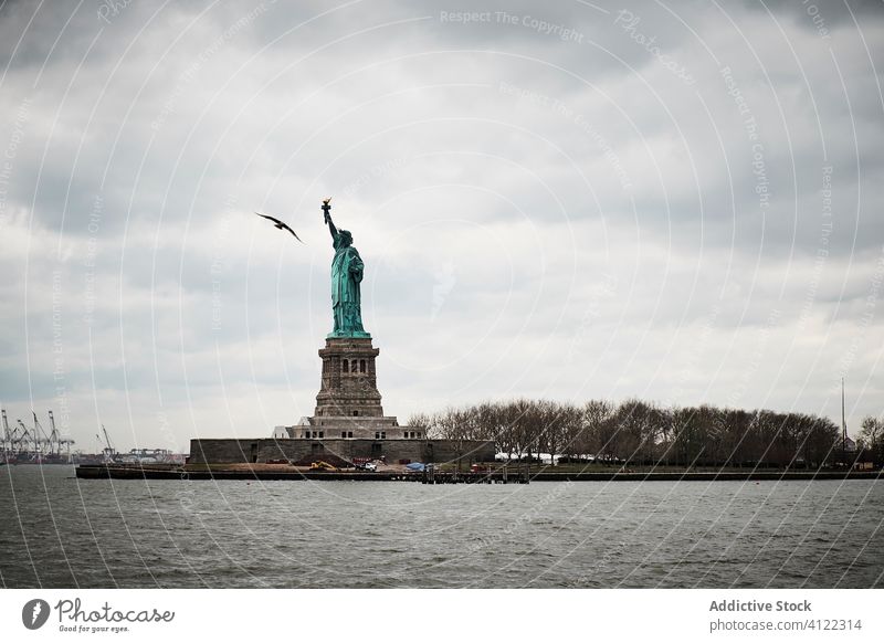 Freiheitsstatue gegen bewölkten Himmel Statue Skyline bedeckt Architektur Symbol Großstadt Wahrzeichen berühmt New York State Vogel USA amerika ny reisen