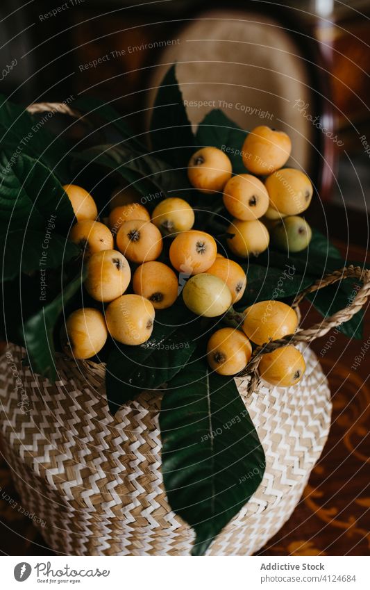 Weidenkorb mit Nispero-Früchten im stilvollen Esszimmer nispero loquat grün Blatt Korb retro Tisch altehrwürdig Ornament Schreibtisch Bestandteil elegant