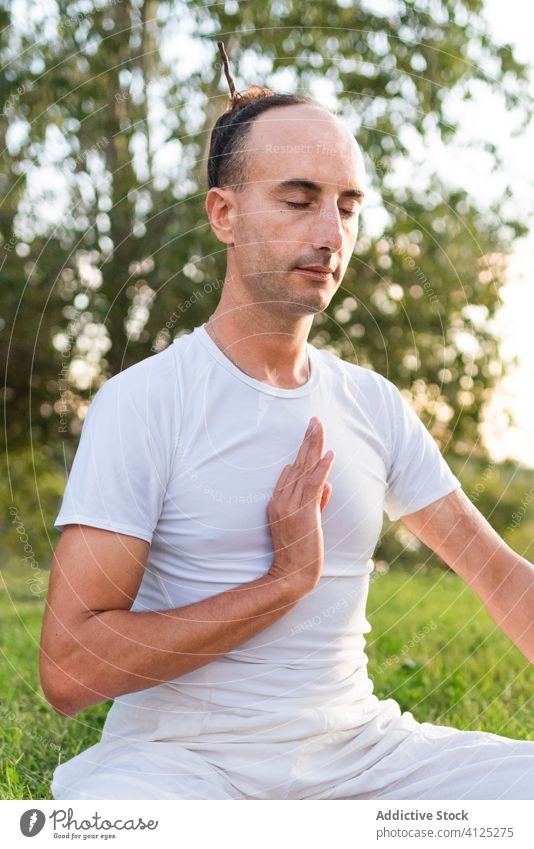 Konzentrierter junger Mann beim Yoga auf der grünen Wiese meditieren Asana Windstille Zen Rasen Pose Sommer Knie Baum Park Harmonie im Freien Gesundheit