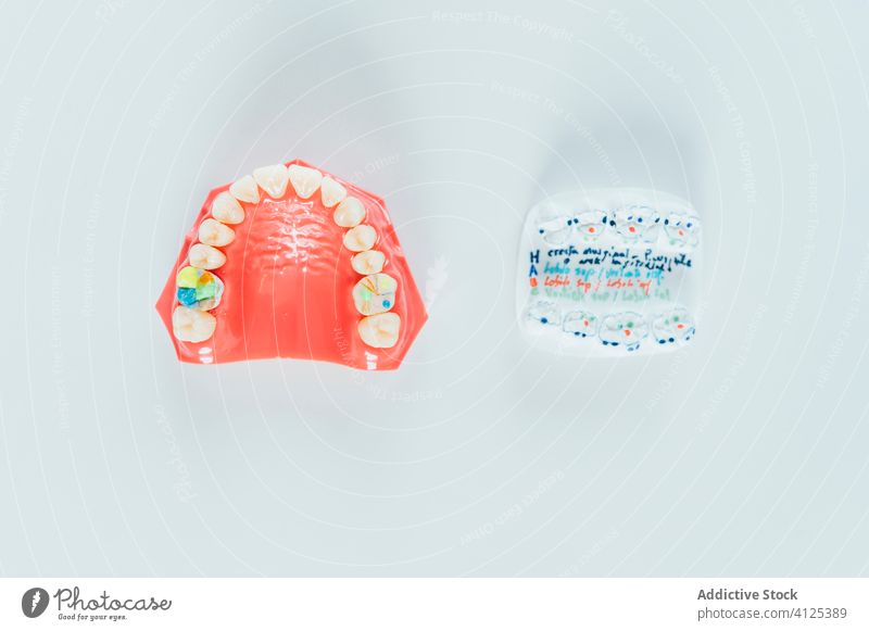 Nahaufnahme eines Gebisses dental Zähne Zahnarzt Zahnersatz Mund Prothesen Zahnmedizin Gesundheit Medizin medizinisch Pflege Prothetik künstlich Lächeln weiß