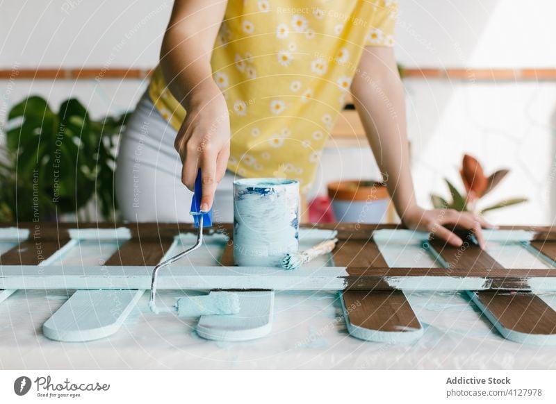 Frau malt einen Zaun Fähigkeit Handwerk Gerät Farbe Malerei Bürste Kaukasier Konstruktion Handwerkerin diy es selbst machen blond Möbel Kunsthandwerk