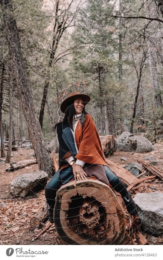 Fröhliche Frau sitzt auf einem Baumstamm im Wald Totholz sitzen reisen trendy Stil Glück heiter Landschaft yosemite Boho rustikal Vereinigte Staaten Park