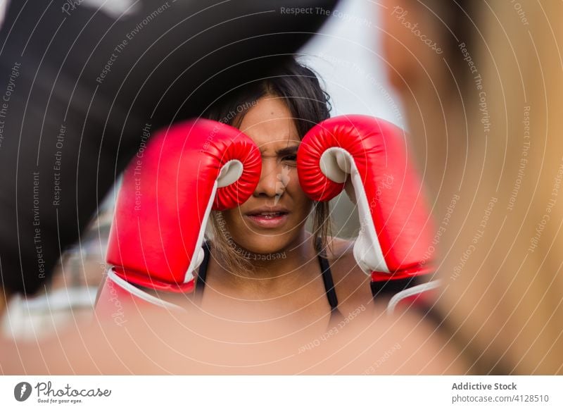 Entschlossene Boxerinnen trainieren auf der Straße Boxsport Handschuh Sportlerinnen Kämpfer Bowle Training Bestimmen Sie multiethnisch vielfältig