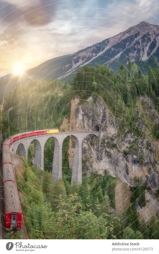 Zug auf Eisenbahn auf gewölbter Brücke von Tunnel in grünem Wald in der Schweiz Stollen Berge u. Gebirge Bogen malerisch rot reisen Alpen Reise Ansicht