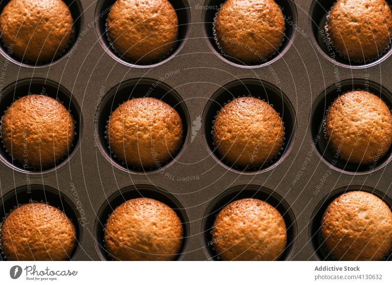 Tablett mit gebackenen Muffins lecker Konditor Koch Muffin-Gehäuse Senior Küche geschmackvoll Tisch Muffin-Tablett Dessert selbstgemacht Bäckerei Produkt Papier