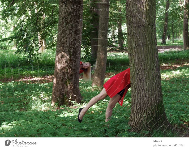 hier bin ich! Spielen Kinderspiel Mensch feminin Frau Erwachsene 18-30 Jahre Jugendliche Baum Wald lustig rot Suche verstecken Versteck Doppelgänger