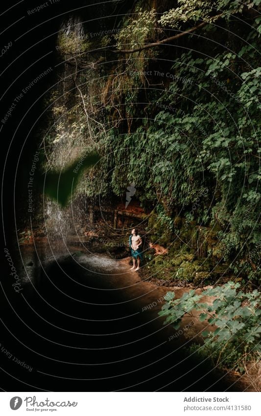 Unbekannter Mann steht in der Nähe eines Wasserfalls Wald Pool aktualisieren tropisch Dschungel klein strömen reisen frisch Pflanze männlich Tourismus Natur