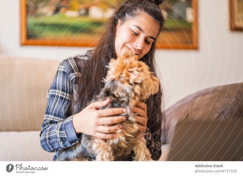Fröhliche Frau mit Hund zu Hause heimwärts Glück Haustier Zusammensein genießen Freund jung Laptop Tier heimisch Lifestyle heiter Lächeln gemütlich Liebe