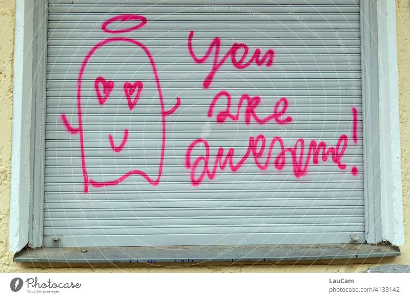 "you are awesome" Liebeserklärung in pink auf grauem Rolladen Graffiti Frühlingsgefühle Kompliment Liebesbekundung Zusammensein Liebesgruß Glück Freundschaft