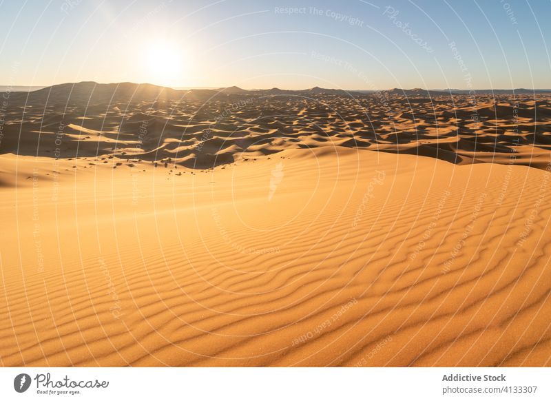 Heiße Wüste mit Sanddünen wüst Landschaft sehr wenige Hintergrund Natur Düne heiß erwärmen Marokko Himmel trocknen trocken Gelände Hügel Dürre desolat Klima