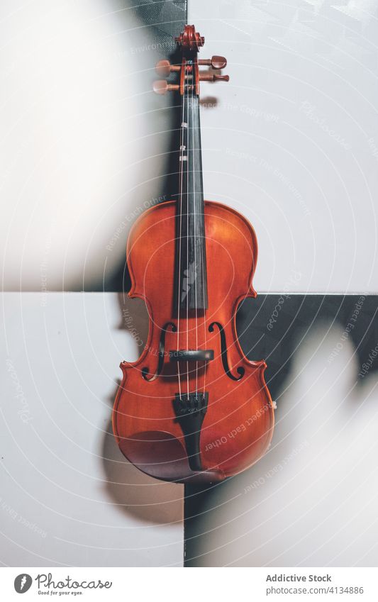 Geige auf Musterboden Musik Instrument glänzend hölzern kreativ Klang Inspiration klassisch Design Melodie Hobby Schnur Appartement flach Objekt Stock elegant