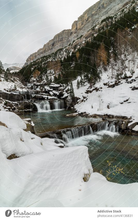 Wasserfall mit Pool zwischen schneebedeckten Bergen Berge u. Gebirge Schnee Wald Natur Landschaft Winter wild strömen malerisch Umwelt Felsen Harmonie kalt