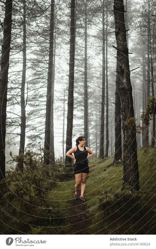 Fitte Frau, die einen Pfad im nebligen Wald entlanggeht laufen Sportlerin Läufer passen Athlet Holz Training Morgen Sportbekleidung nass Weg Gesundheit Fitness