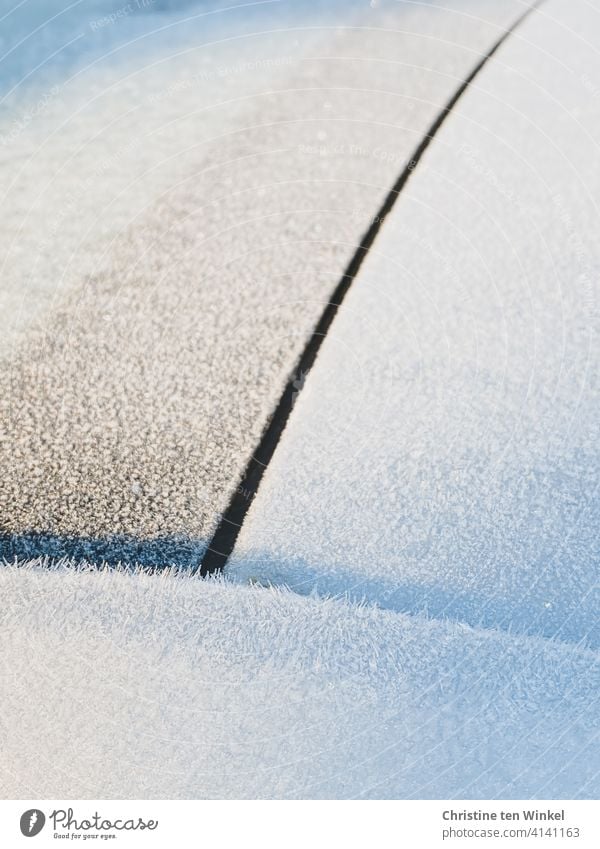 Weiß gefrorenes Autodach am frühen Morgen nach einer frostigen Nacht Frost überfroren eiskalt kalte Nacht Eis Winter Frühling weiß Raureif Eiskristall