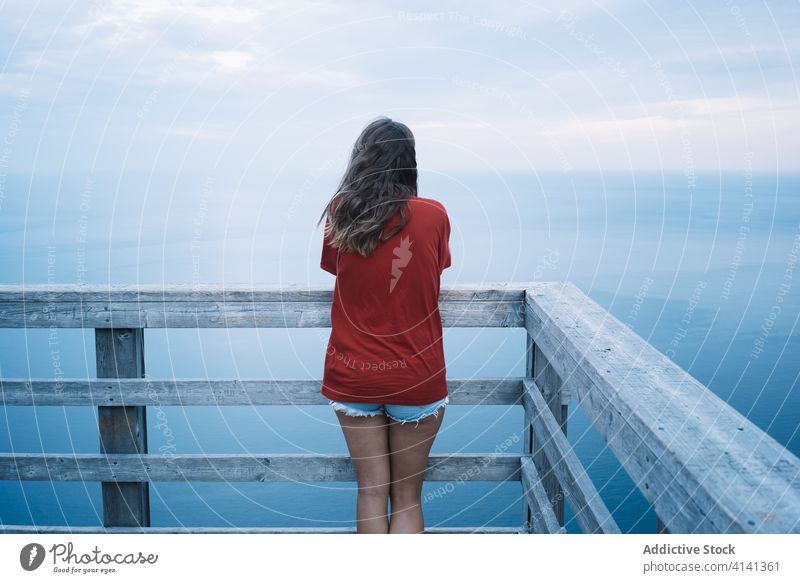 Frau auf hoher Terrasse am Meeresufer im Licht des Sonnenuntergangs Aussichtspunkt Reling Dämmerung Schiffsdeck Ufer allein Harmonie MEER national Park Abend