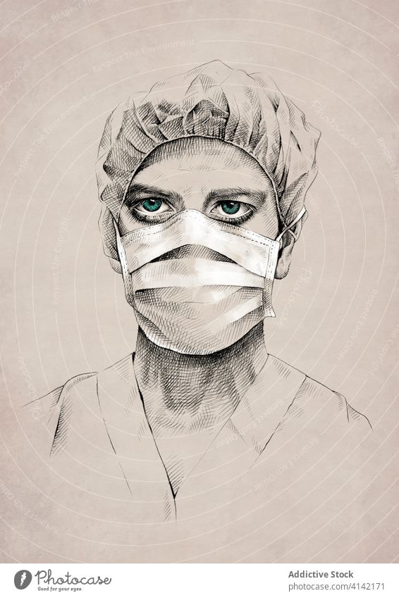 Männlicher Arzt mit medizinischer Maske Mann Mundschutz chirurgisch professionell Zeichnung Coronavirus Seuche Uniform Porträt männlich Grafik u. Illustration