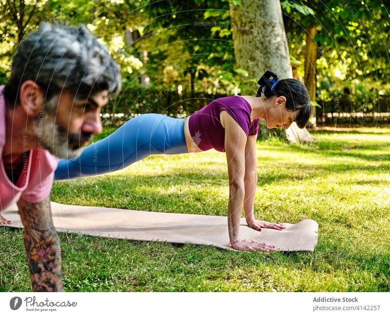 Konzentriertes Paar beim Yoga in Plank-Pose Unterlage Park Schiffsplanken phalakasana Zusammensein Konzentration Gleichgewicht Sportbekleidung Natur Wellness