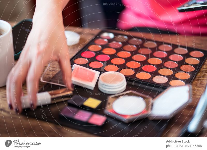 Anonyme Bloggerin beim Schminken Schönheit Make-up Frau Palette Kosmetik vlog Bürste bewerben Aufzeichnen Video farbenfroh Lidschatten erröten Spiegel