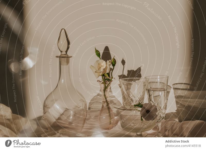 Elegante Tischdekoration mit Glaswaren und duftenden weißen Blumen Dekoration & Verzierung Vase Karaffen elegant filigran Zusammensetzung Schatten Design