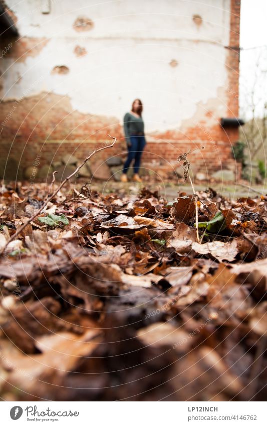 Beobachtet Frau Voyeurismus Boden Blätter beobachten entdecken Angst Unwohlsein gruselig verstecken