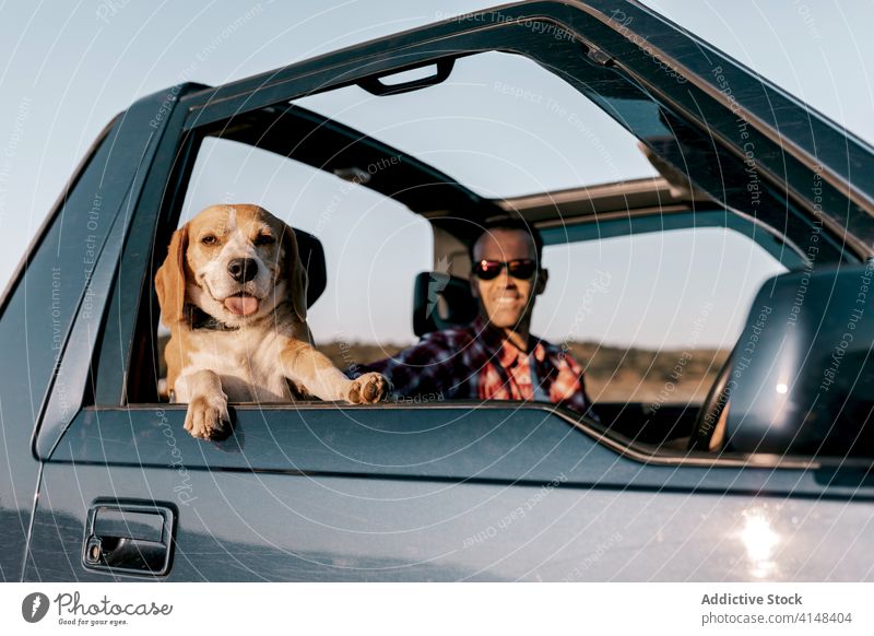 Niedlicher Hund mit fröhlichem Reisenden, der die Natur vom Auto aus betrachtet Tourist PKW im Inneren nachdenken ausspannen Landschaft Tourismus idyllisch