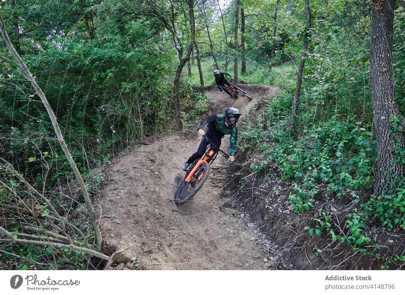 Radfahrer auf dem Fahrrad im Wald bergab Trick Mann extrem Stunt Mitfahrgelegenheit Risiko Schutzhelm enduro ausführen professionell Wälder Waldgebiet Natur