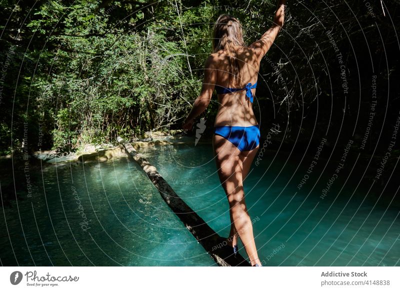 Junge Frau beim Überqueren eines Sees im Wald durchkreuzen Totholz Kofferraum anonym reisen Spaziergang Rückansicht Bikini jung Natur Ufer Urlaub Abenteuer