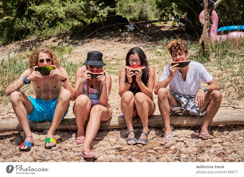 Gruppe von Menschen essen Wassermelone Freund Zusammensein genießen Sommer Feiertag süß lecker Wald Baum Totholz Unternehmen Menschengruppe sich[Akk] entspannen