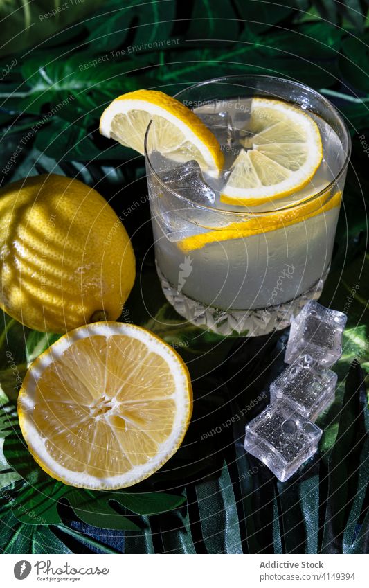 Glas Alkohol-Cocktail auf dem Tisch trinken Zitrone kalt Erfrischung Eis Würfel cool liquide Zitrusfrüchte Scheibe Bar Getränk Pub aktualisieren Frucht Saft