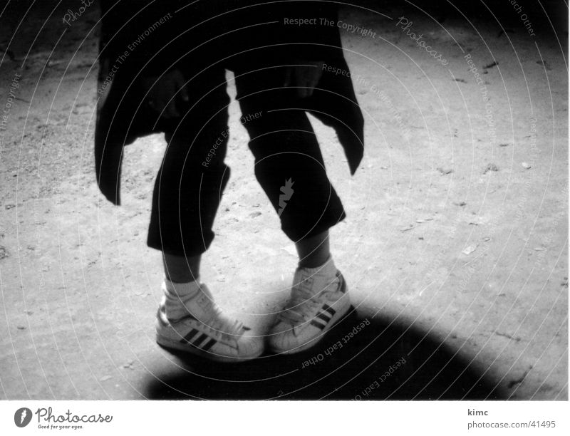 Miri-Pinguin Schuhe Turnschuh abstrakt Dachboden Fuß Beine Schwarzweißfoto Bodenbelag Schatten lustig