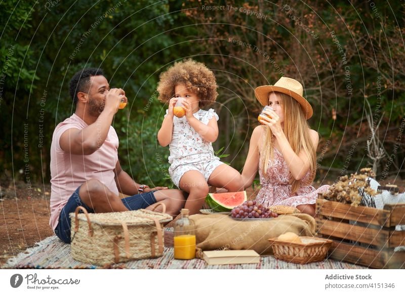 Junge Eltern mit Kind trinken Saft beim Picknick Familie Gesundheit orange Sommer Liebe Partnerschaft gemischte Rasse Zusammensein genießen frisch natürlich