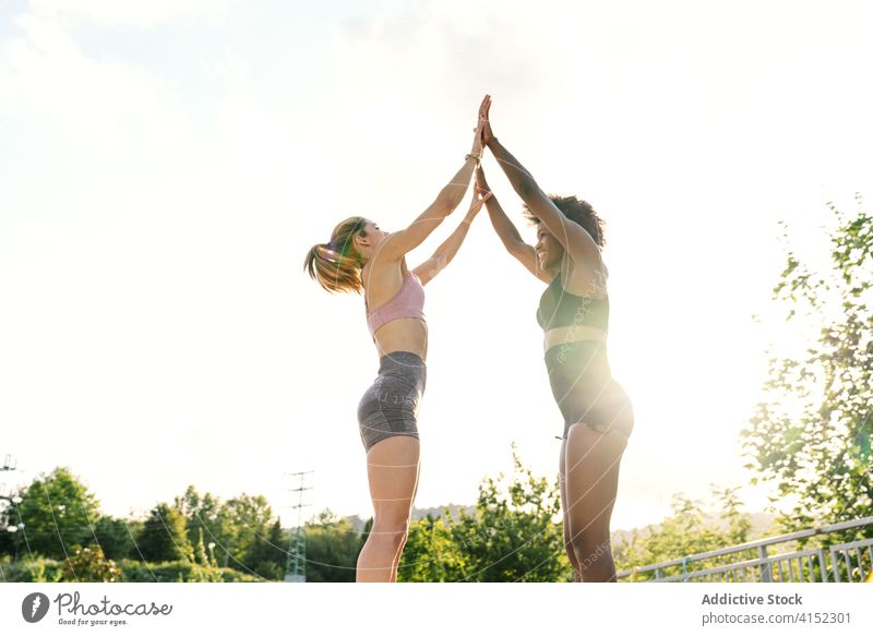 Positive, sportliche Frauen trainieren gemeinsam im Park Fitness Training Dehnung Zusammensein Übung passen Athlet heiter positiv jung rassenübergreifend