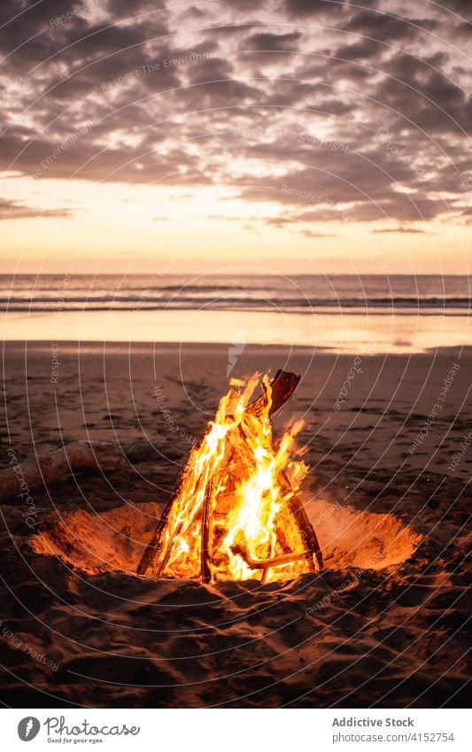 Lagerfeuer am Sandstrand bei Sonnenuntergang Strand Freudenfeuer gemütlich MEER Ufer friedlich Landschaft Küste Abend Windstille Himmel Natur Abenddämmerung