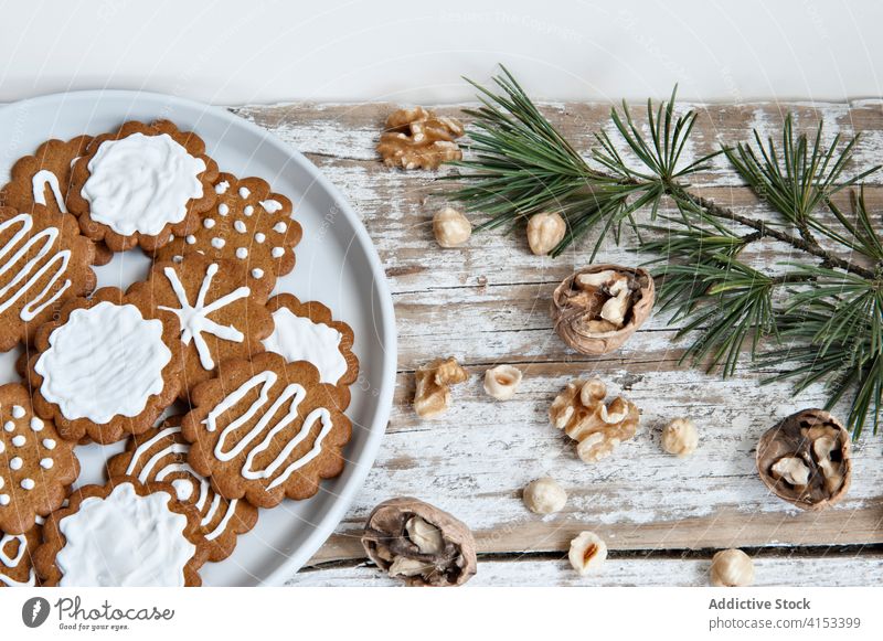 Weihnachtsplätzchen und Nüsse mit Fichtenzweig Weihnachten Keks selbstgemacht süß Zuckerguß Dekoration & Verzierung Ast Nut Tradition Winter rustikal Feiertag