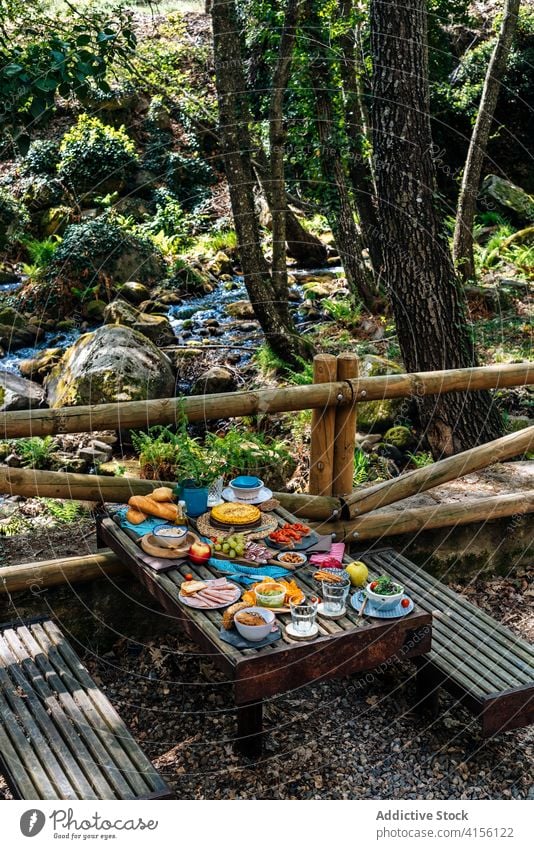 Tisch mit verschiedenen Lebensmitteln für Picknick im Wald sortiert Speise dienen Wälder geschmackvoll valle del jerte Cacere Spanien gemütlich Mahlzeit