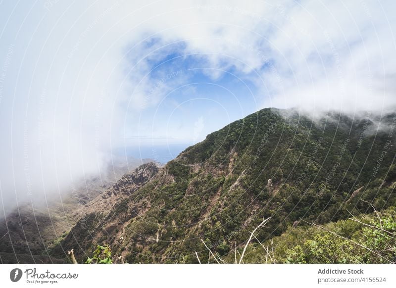Malerische Landschaft der Berge im Sommer atemberaubend Hochland Berge u. Gebirge grün Ambitus Blauer Himmel Natur felsig Teneriffa Spanien Kanarische Insel