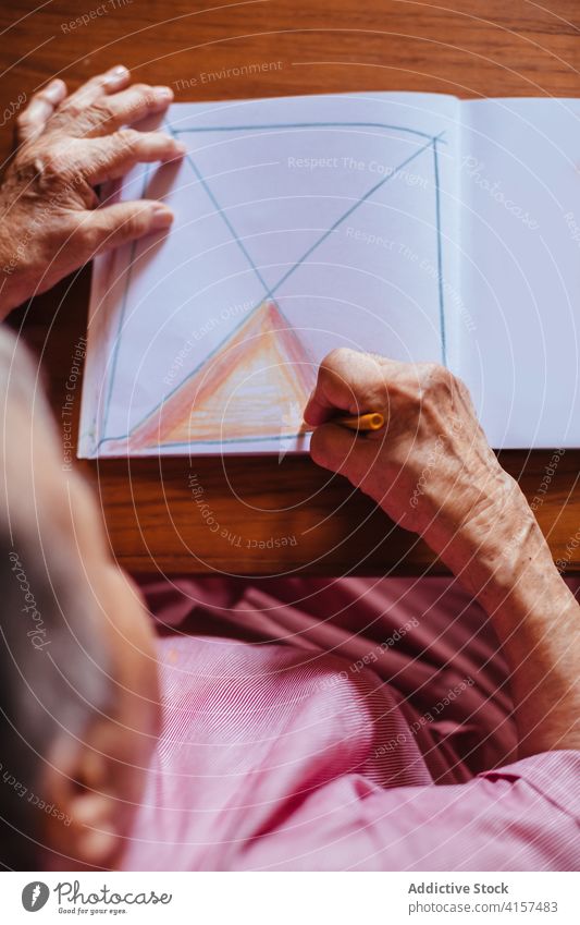Ältere Frau malt auf einem Notizbuch Alzheimer mental Gesundheit Malerei Bleistift Notebook Ruhestand Großmutter Rentnerin Senior Demenz Haus älter