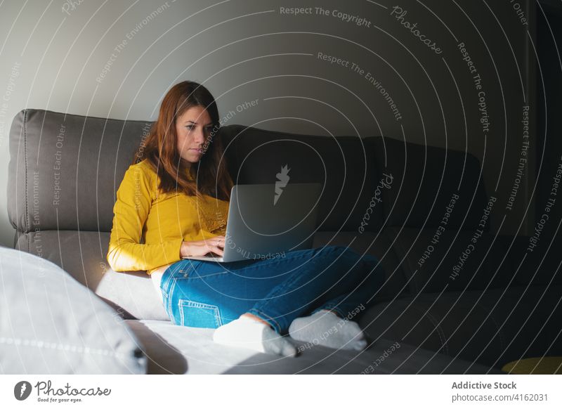 Junge Frau surft auf einem Laptop im Wohnzimmer benutzend zu Hause Arbeit abgelegen freiberuflich beschäftigt modern Browsen jung Gerät Job Apparatur