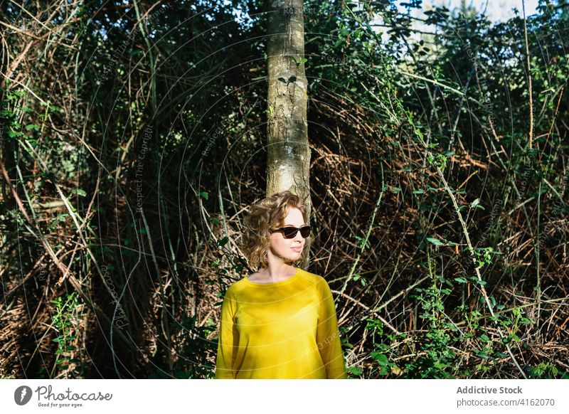 Stilvolle Frau mit Sonnenbrille im Park sonnig Sommer Mode trendy lässig Vorschein grün Garten Lächeln jung Inhalt Accessoire Saison Natur stehen