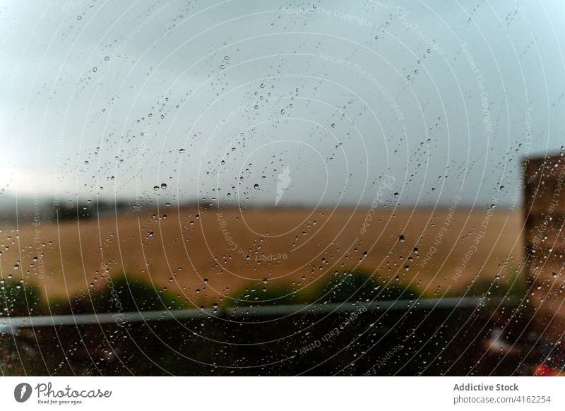 Regentropfen am Fenster auf dem Lande Glas Tropfen Wiese Landschaft kondensieren Natur bedeckt Feld ruhig Windstille ländlich Tröpfchen Wasser tagsüber nass