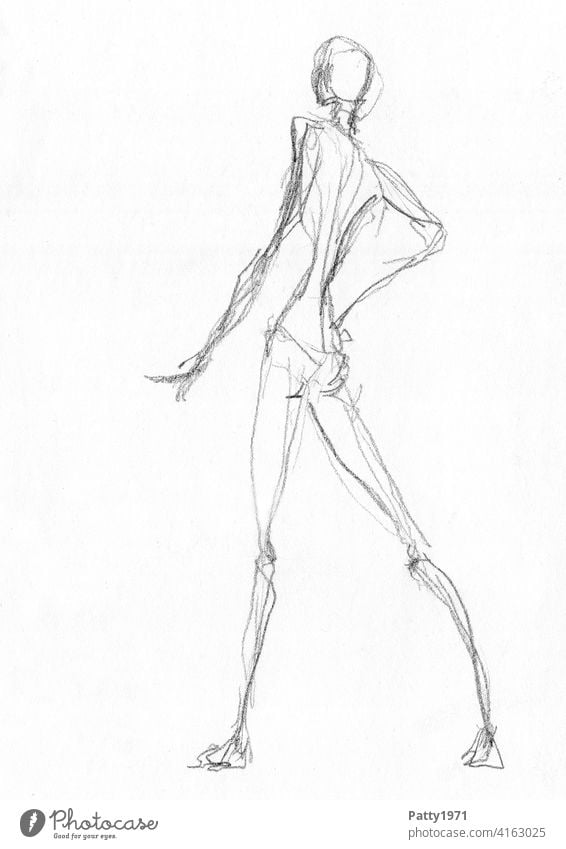 Abstrakte Bleistiftskizze einer nackten Frau in selbstbewusster Pose Model Skizze abstrakt Kritzelei Zeichnung Kunst Kreativität dünn Magersucht Frauenkörper