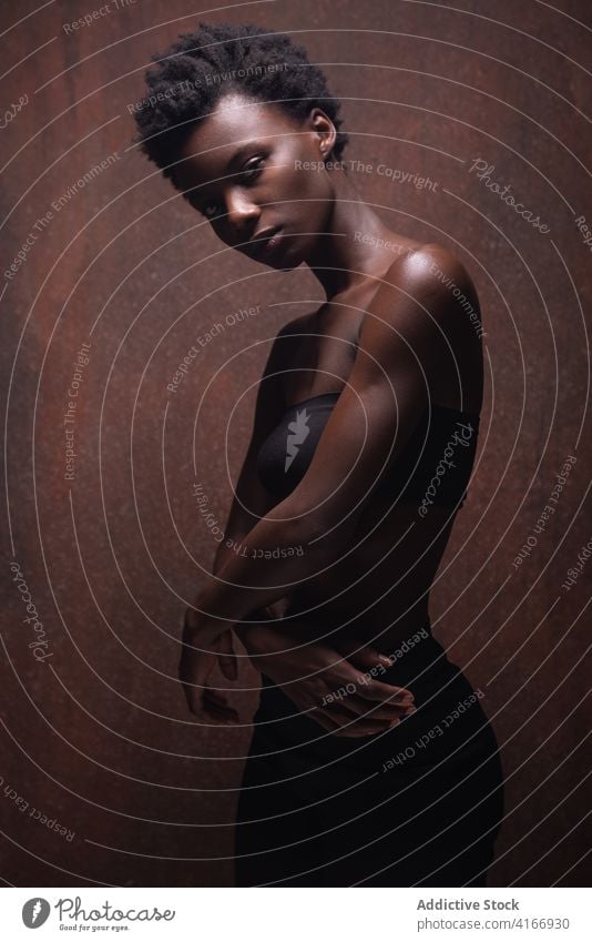 Schlankes schwarzes weibliches Modell mit nackten Schultern in einem dunklen Studio Frau verführerisch provokant Verlockung Anmut Persönlichkeit traumhaft