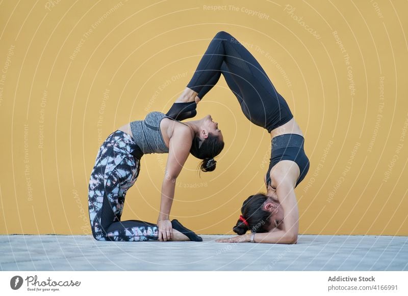 Flexible Frauen üben Acroyoga im Studio sportlich Akro-Yoga Partner Achtsamkeit gymnastisch Vitalität beweglich Aerobic Gleichgewicht Wellness schlank Übung