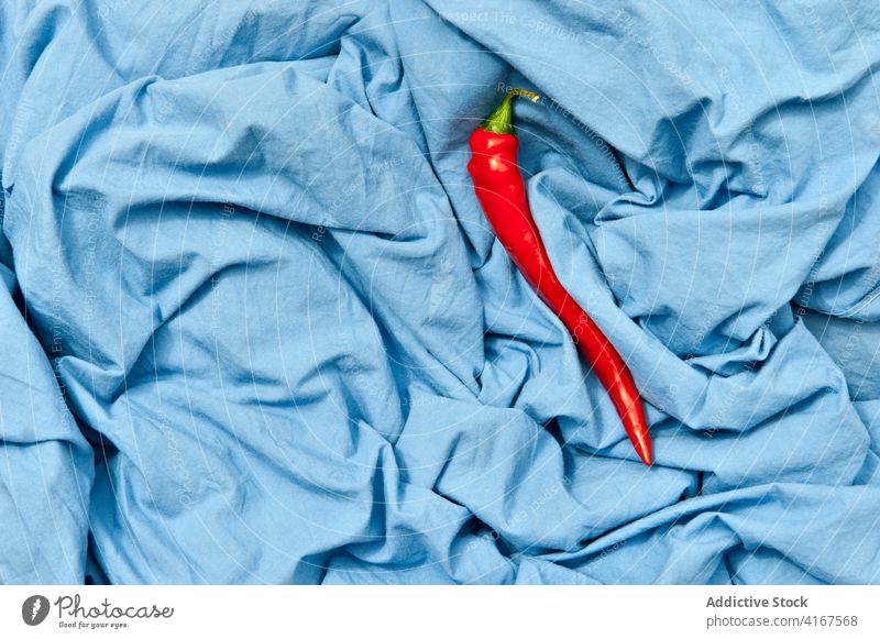 Bunte rote Chilischote auf zerknittertem Stoff Peperoni Paprika Gewebe Würzig Gemüse Stillleben frisch reif farbenfroh Bestandteil natürlich organisch Produkt