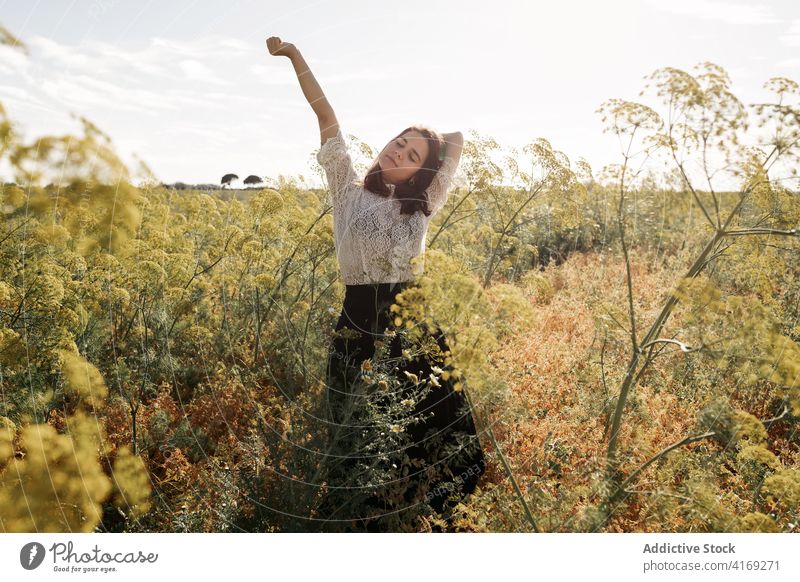 Charmante Frau auf einem Feld im Sommer sich[Akk] entspannen charmant Landschaft Kälte Angebot Lächeln Wiese ruhen Windstille Gelassenheit Gras idyllisch lässig