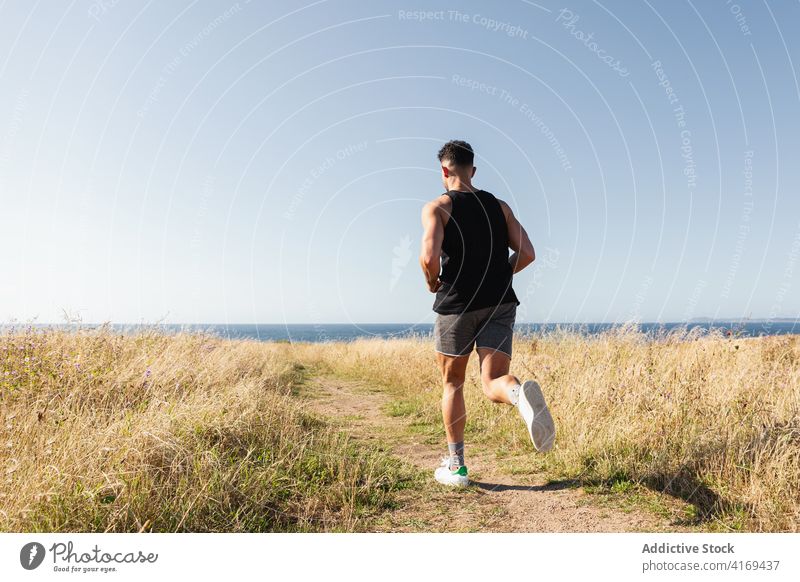 Mann läuft entlang eines Weges am Meer Läufer laufen Seeküste Sommer Jogger Training Herz Ausdauer sonnig männlich Athlet Wiese Übung joggen Gesundheit muskulös