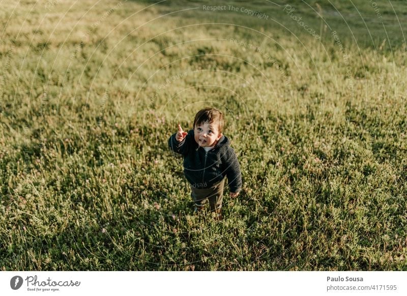 Nettes Kind zeigen auf den Himmel Kindheit 1-3 Jahre Kaukasier Junge Punkt Mensch Kleinkind Farbfoto Freude Spielen Tag Fröhlichkeit Lifestyle authentisch