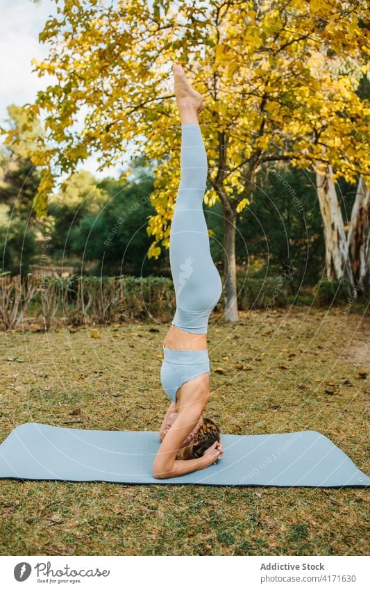 Frau in unterstützter Kopfstand-Pose beim Yoga im Park gestützter Kopfstand Gleichgewicht Salamba sirsasana Unterlage Stressabbau Wiederherstellung Asana